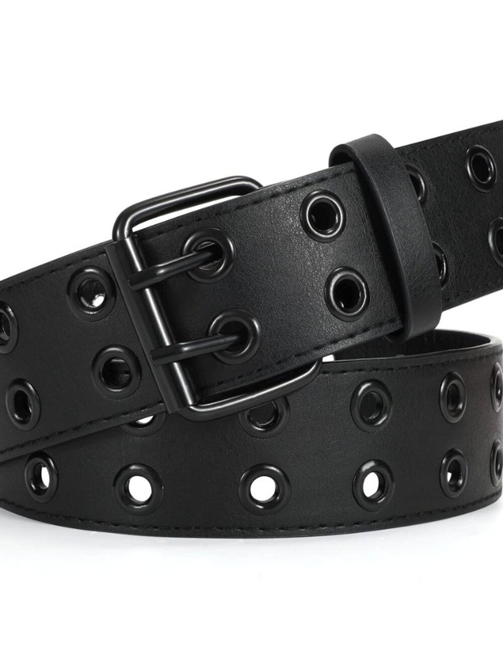 Double Grommet Belt PU Leather Punk Belt for Women Men Jeans 2 Hole Belts 1.5